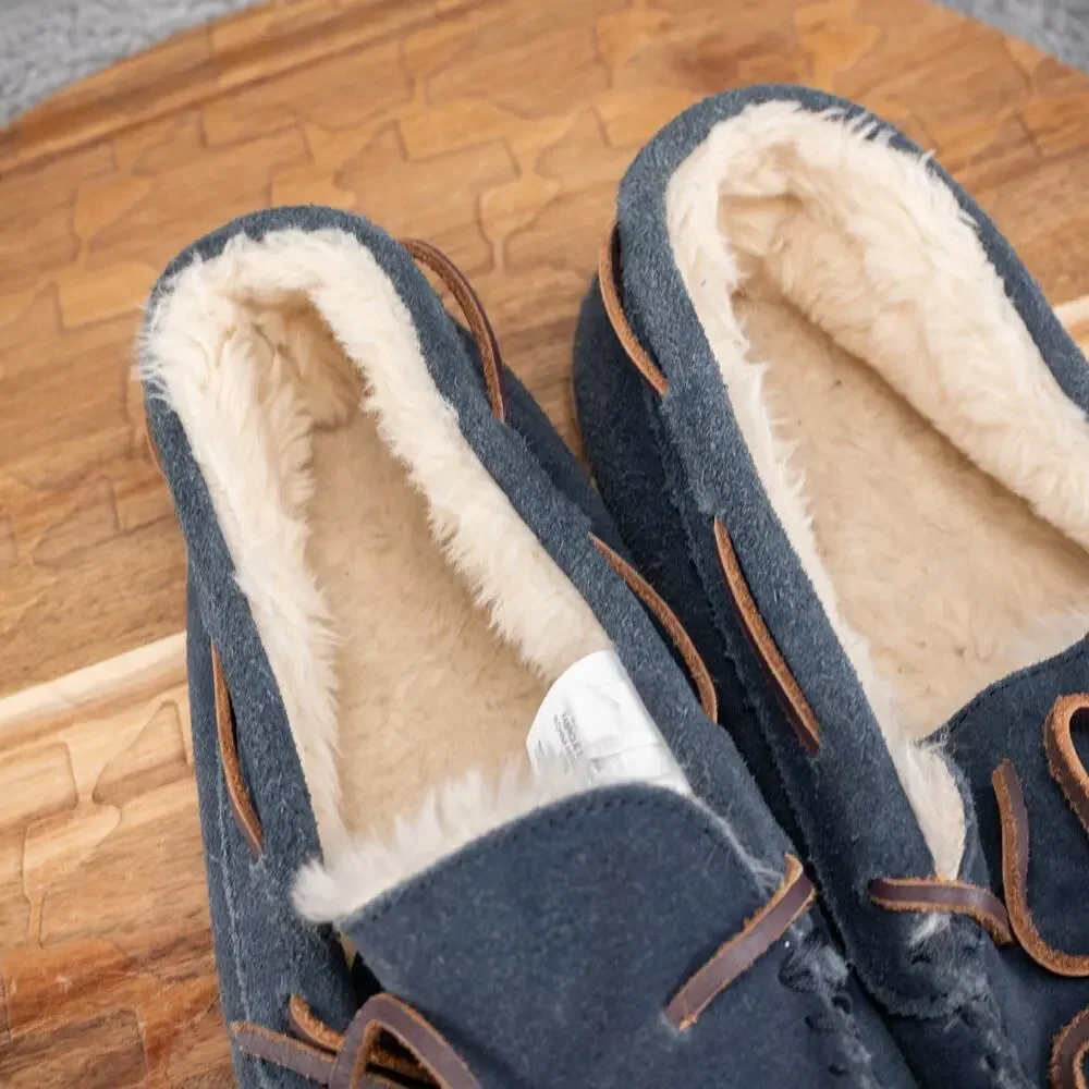 J.Crew Mens Moccasin Slippers‎ Size 12 Navy Blue Faux Fur Lined Comfort Shoes